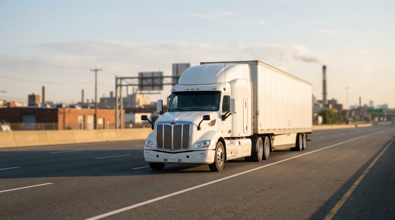 A clean, well-maintained tractor-trailer photographed from a front three-quarter angle on an open interstate in early morning light, cab facade and grille toward camera, the New Jersey industrial edge — low warehouses, poles, a distant stack — falling away small behind it. Unbranded tractor and trailer, no readable livery, no other trucks in frame, no people. Dry road, clear air, confident and freshly-washed rather than grimy.
