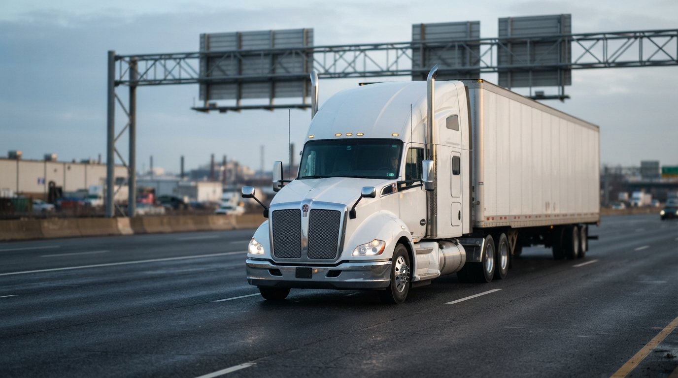 Front three-quarter view of a clean, well-kept tractor-trailer pulling away on a New Jersey interstate in early morning light, cab facade and grille reading clearly, marker lamps lit, plain unbranded white trailer with no lettering or numbers, low industrial skyline and overhead sign gantry receding behind it, wet-dark blacktop lanes in the foreground.